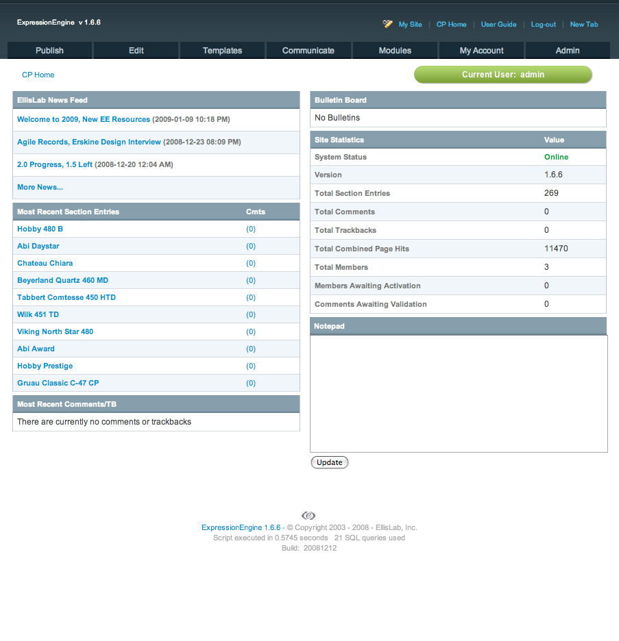 Dashboard in ExpressionEngine